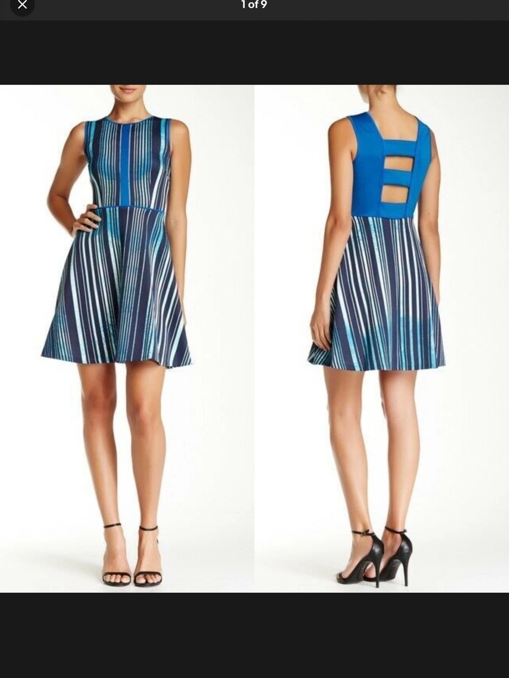 Andrew Marc New York Stripe Fit & Flare Scuba Dress Ladder Cutout Back Blue SZ 8